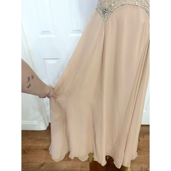 Basix II Nude Illusion Peach Silk Chiffon Beaded Jeweled Maxi Evening Gown 2 NWT - Picture 3 of 12